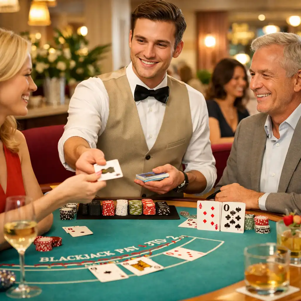 Gastgeber verteilt Spielkarten an erwachsene Gäste an einem Blackjack-Tisch