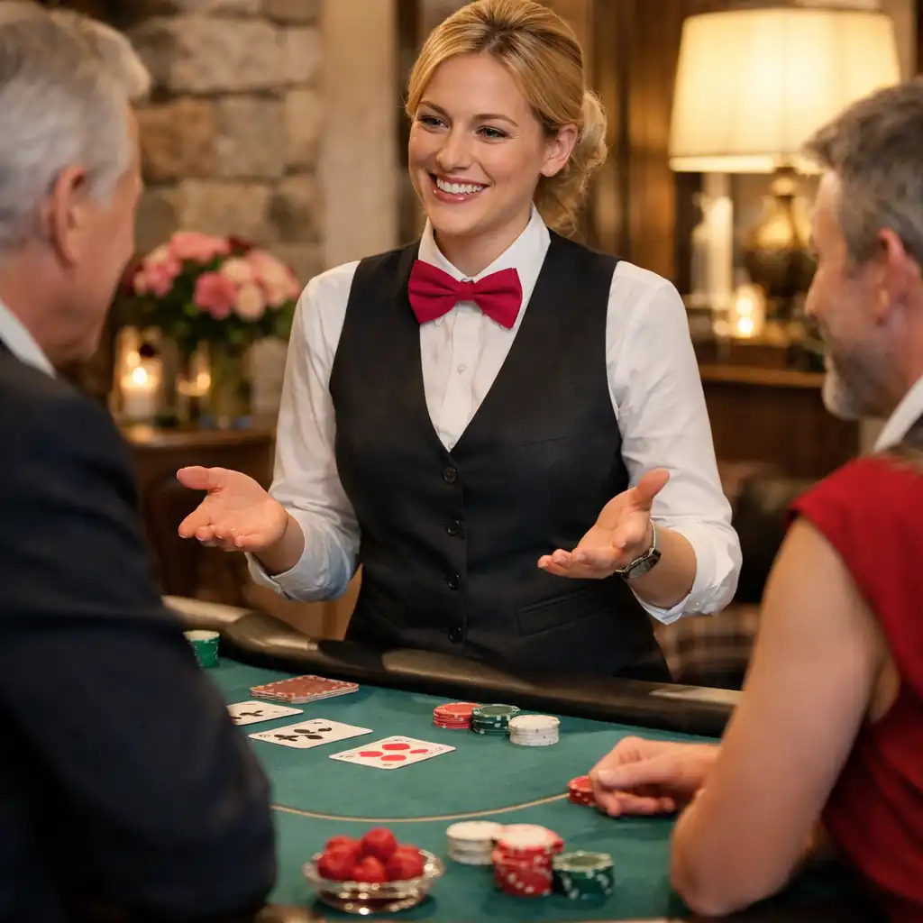 Gastgeberperson im Gespräch mit Gästen an einem physischen Blackjack-Tisch
