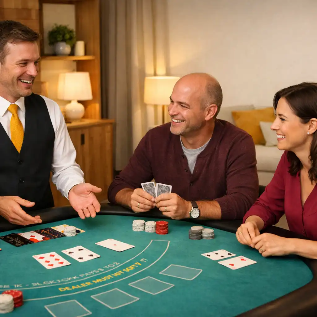 Gastgeberperson und Gäste an einem physischen Blackjack-Tisch beim Teamabend
