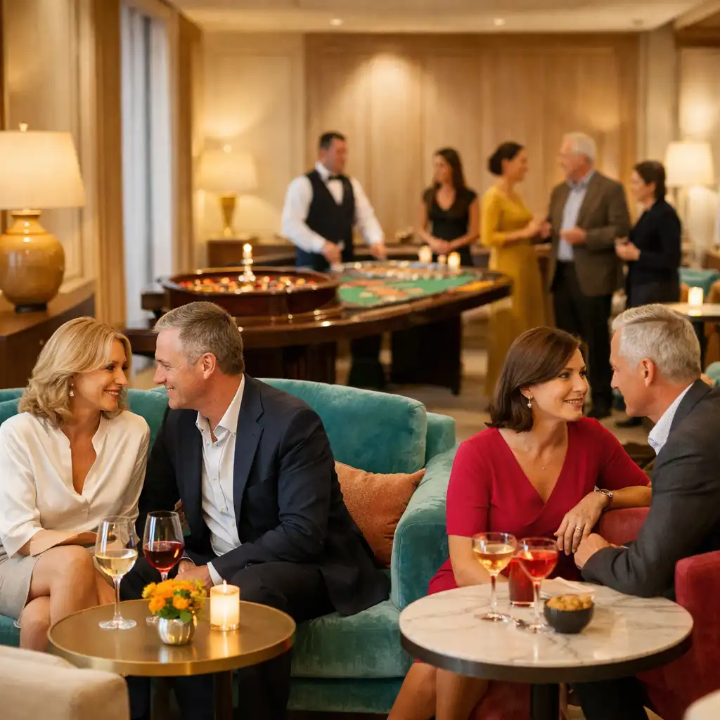 Helle Casino Lounge mit aquamarinfarbenem Sofa und Gästen im Gespräch