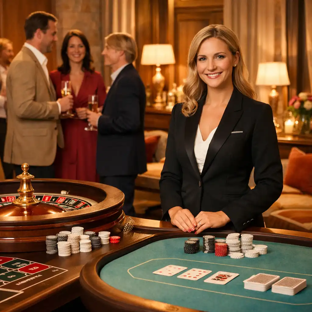 Elegante Casino Lounge mit physischem Roulettetisch und Gästen im Gespräch