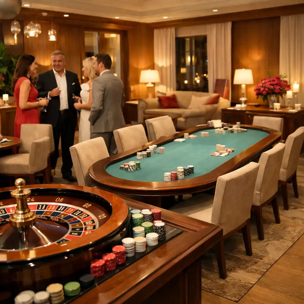 Erwachsene Gäste sprechen mit einem Gastgeber an einem hellen Casino-Salon mit Roulette- und Pokertisch.