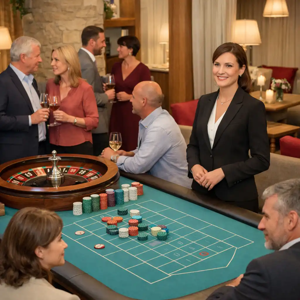 Elegante Casino Lounge mit physischem Roulette-Tisch und Gästen im Gespräch