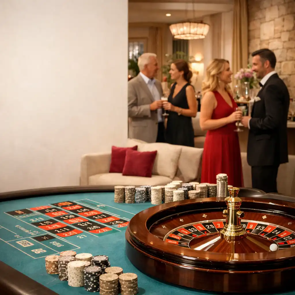 Heller Galerie-Salon mit Roulette-Tisch und Gästen im Gespräch bei einer Casino Night