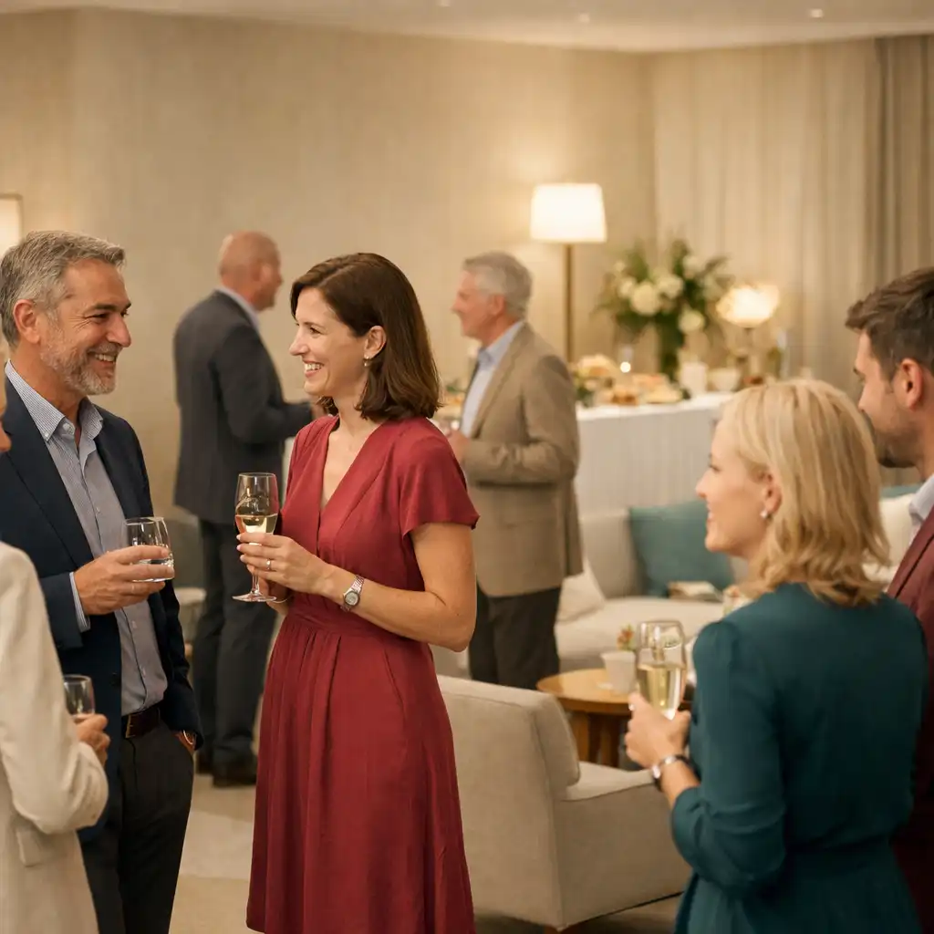 Erwachsene Gäste sprechen in kleinen Gruppen bei einem stilvollen Cocktail-Empfang in einem hellen Salon.