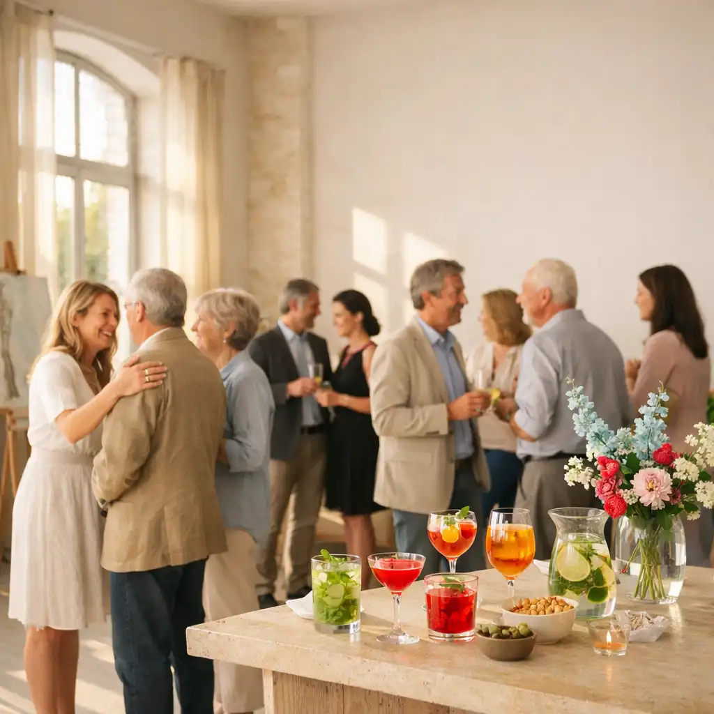 Gäste im Gespräch bei einem hellen Cocktail-Empfang in einem privaten Eventraum