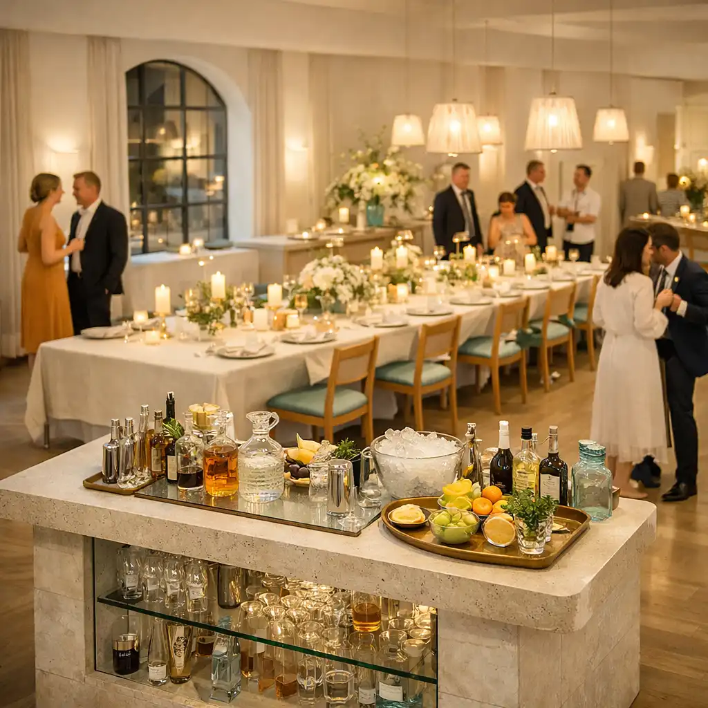 Elegante Eventlocation mit Cocktailstation, Dining und Gästen