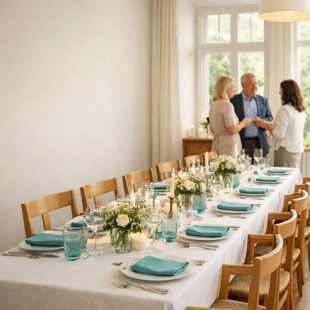 Heller vorbereiteter Dinnerraum mit langer Tafel und freien Laufwegen für eine private Feier