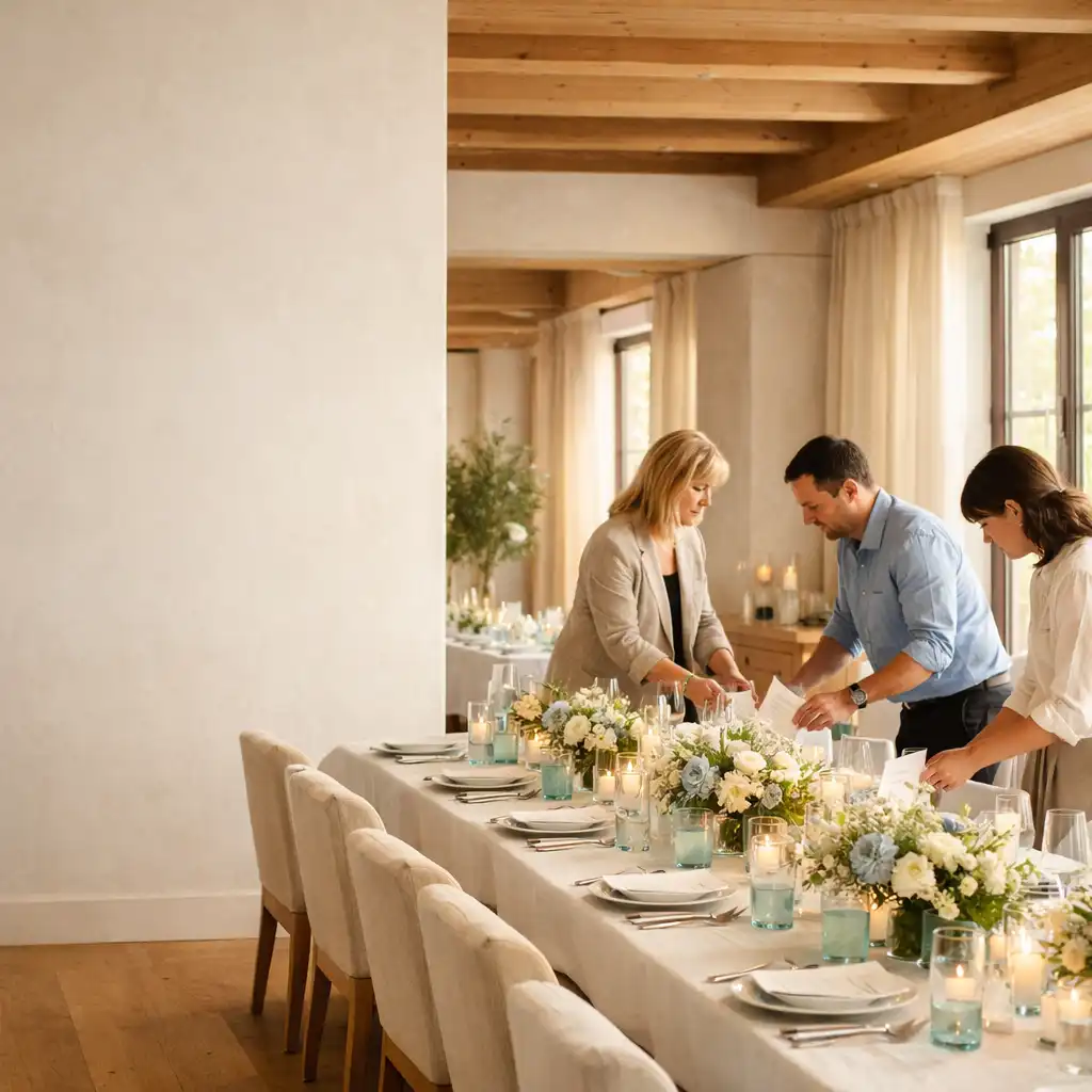 Zwei Erwachsene bereiten in einem hellen Event-Atelier eine lange Tafel mit Menükarten und Blumen vor.