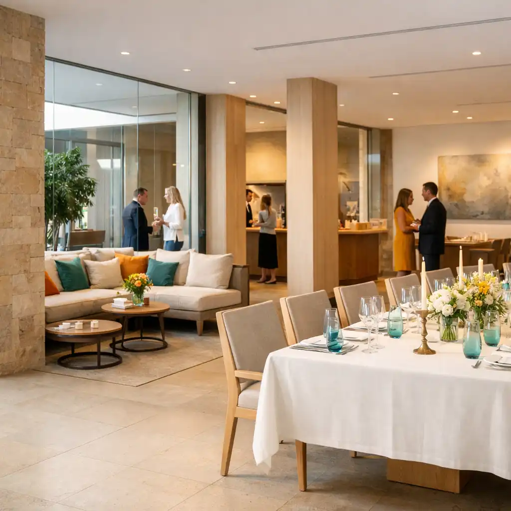 Heller Eventraum mit gedeckter Tafel und Lounge-Bereich für eine Firmenfeier