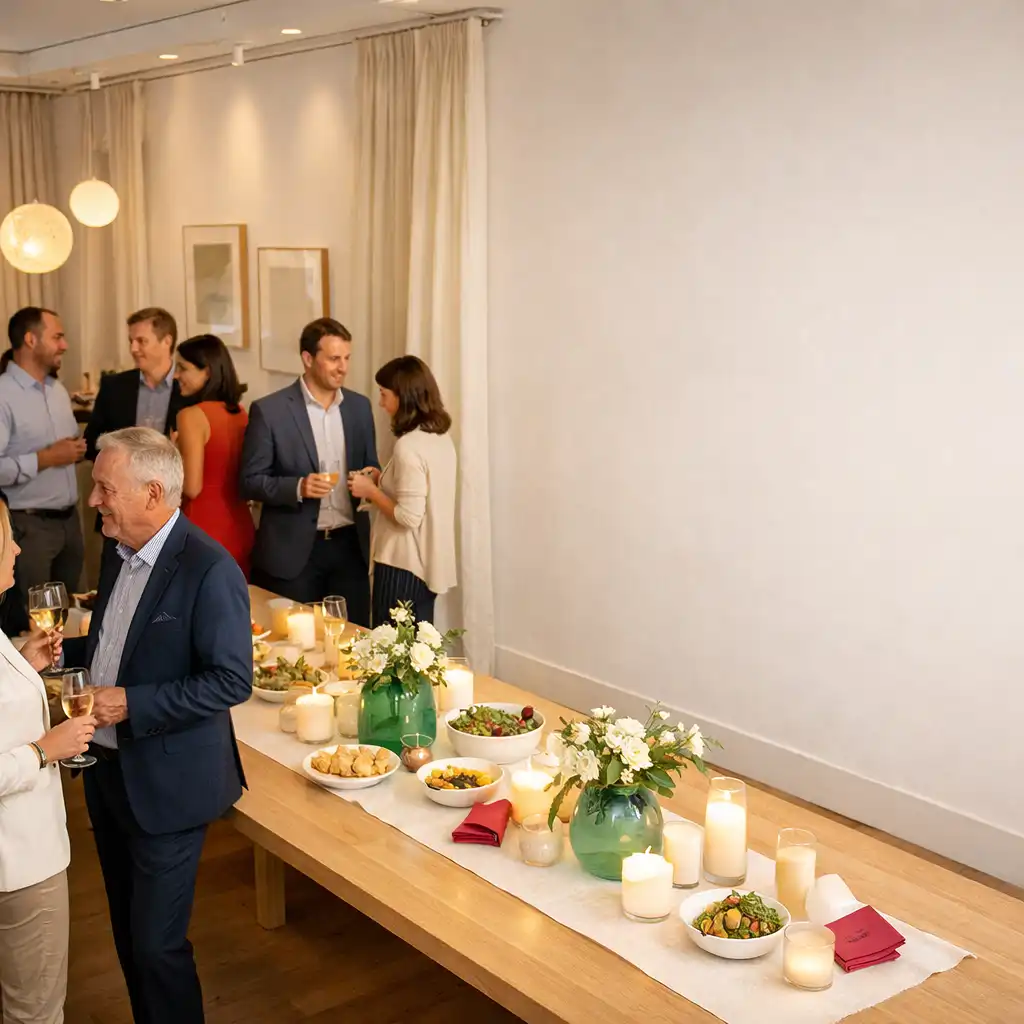 Gesprächsgruppen bei einem eleganten Cocktail-Empfang in einem hellen Veranstaltungsraum