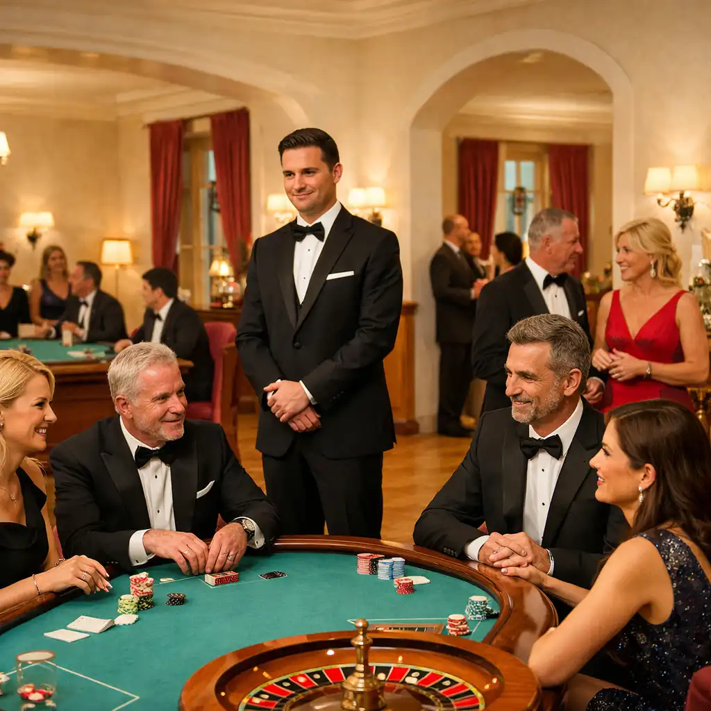 Erwachsene Gäste im Gespräch an physischen Poker- und Roulette-Tischen in einer hellen Casino-Lounge
