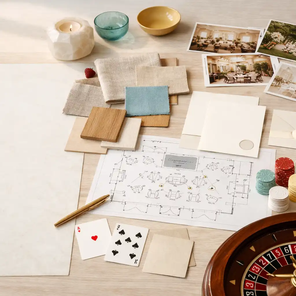 Planungstisch mit Venue-Fotos, Lichtplan, Materialproben, Einladung, Roulette-Detail und neutralen Chips