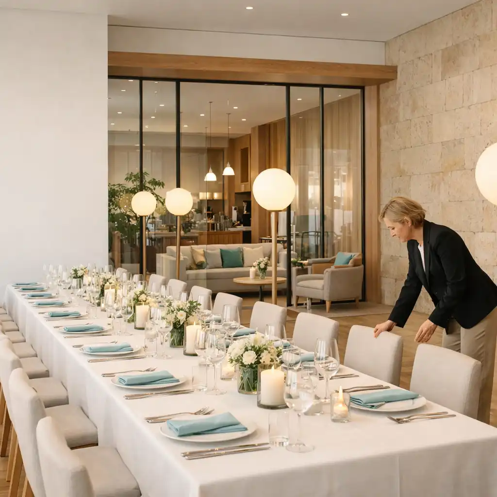 Heller vorbereiteter Dinner- und Empfangsraum mit langer Tafel, Naturstein, Holz und Lounge im Hintergrund.
