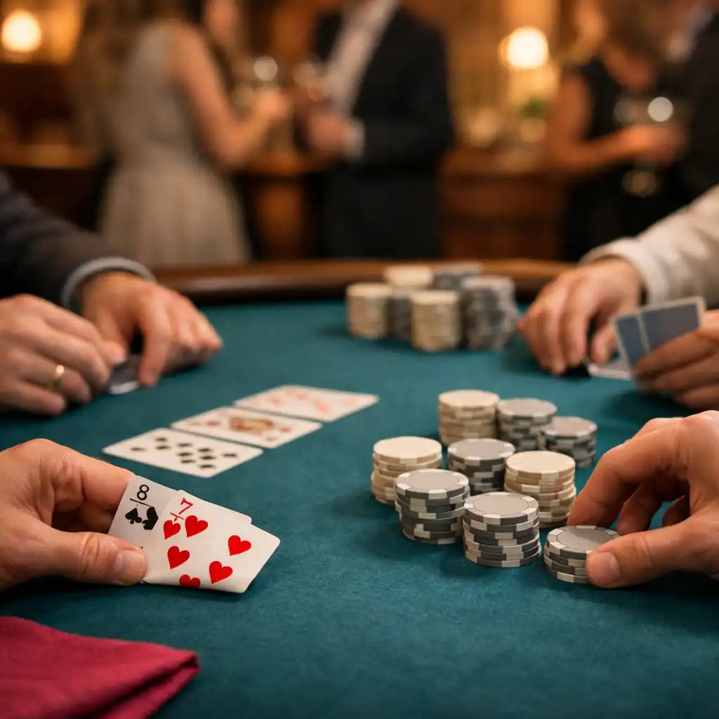 Hände, Spielkarten und neutrale Chips auf einem aquamarinfarbenen Pokertisch