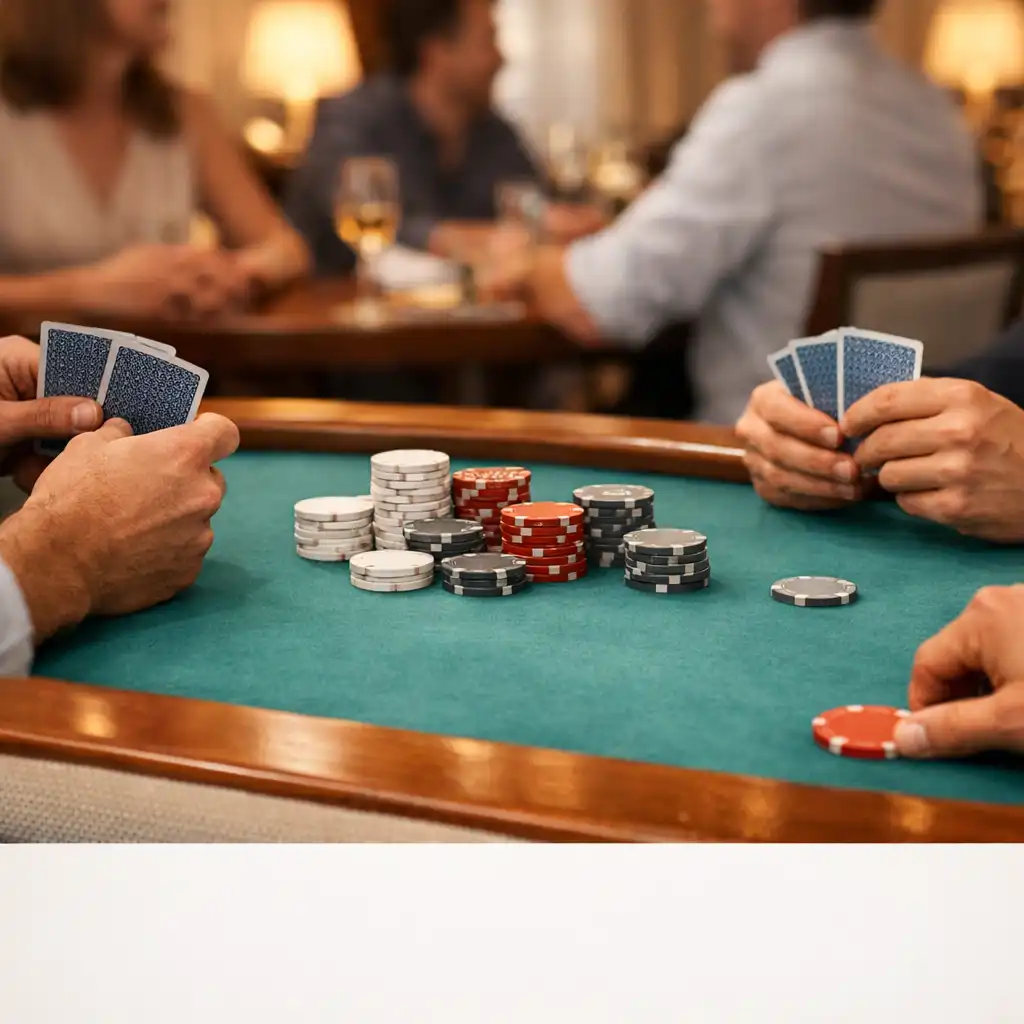 Gäste an einem physischen Pokertisch im Gespräch