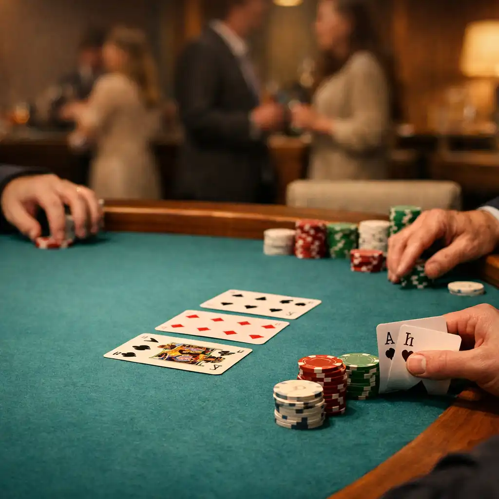 Hände und neutrale Chips an einem physischen Pokertisch bei einer Firmenfeier