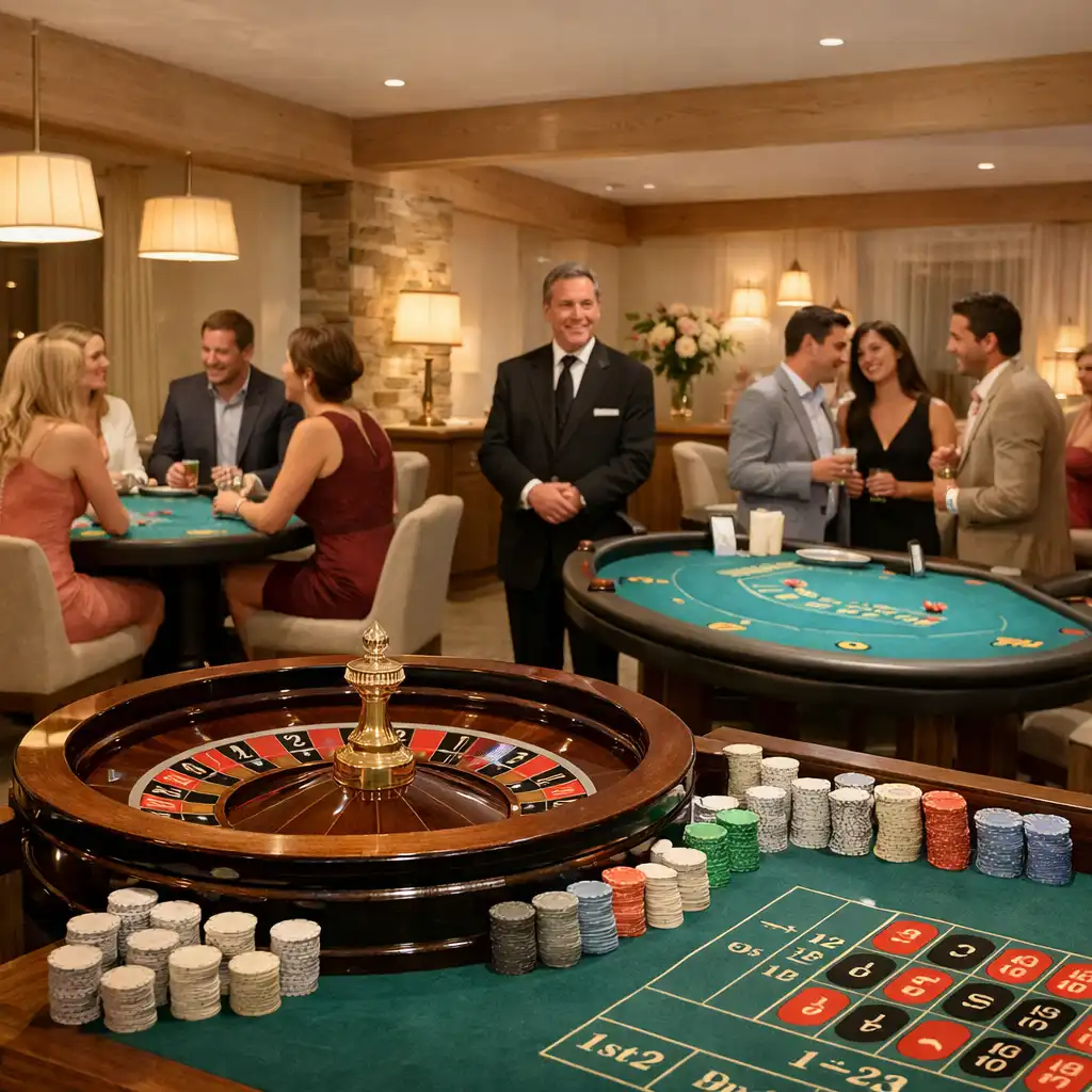 Helle private Casino Lounge mit physischem Roulette-, Poker- und Blackjack-Tisch
