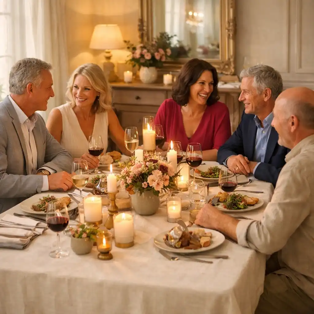 Erwachsene Gäste unterhalten sich bei einem privaten Dinner an einer warm gedeckten Tafel.