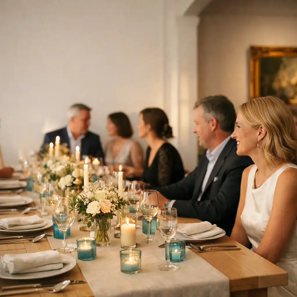 Elegante private Dinnerfeier mit Gästen an einer hell gedeckten Tafel