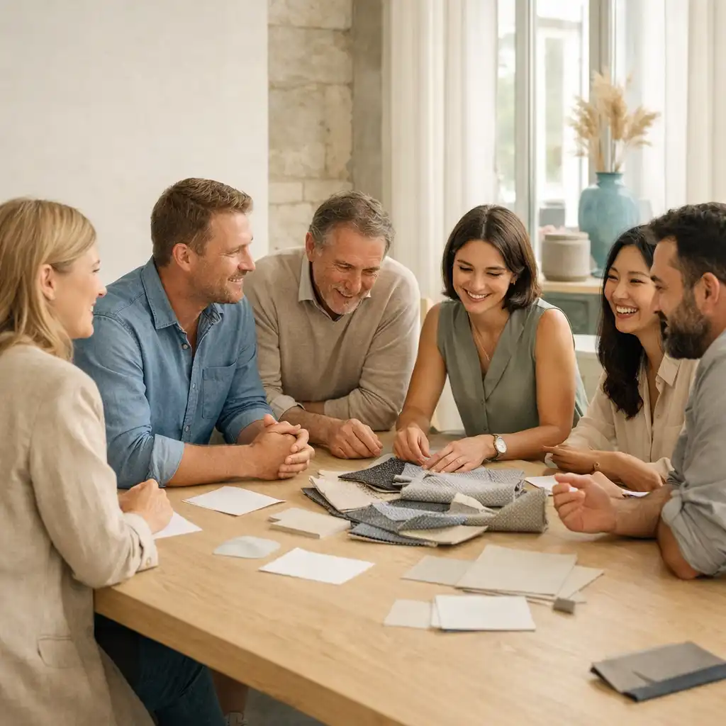 Team im persönlichen Austausch an einem großen Arbeitstisch in einem hellen Atelier
