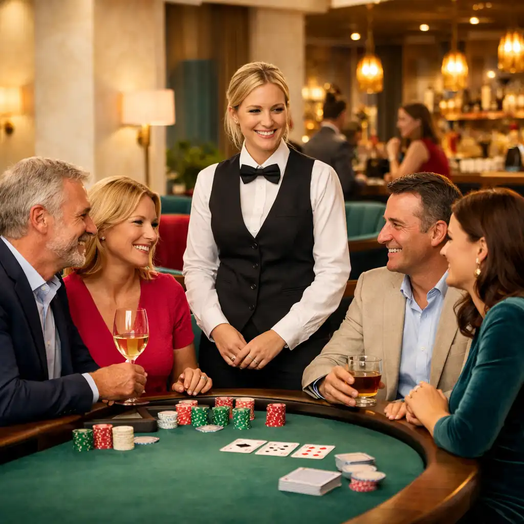 Gäste im Gespräch an einem echten grünen Tisch in einer hellen Casino-Lounge