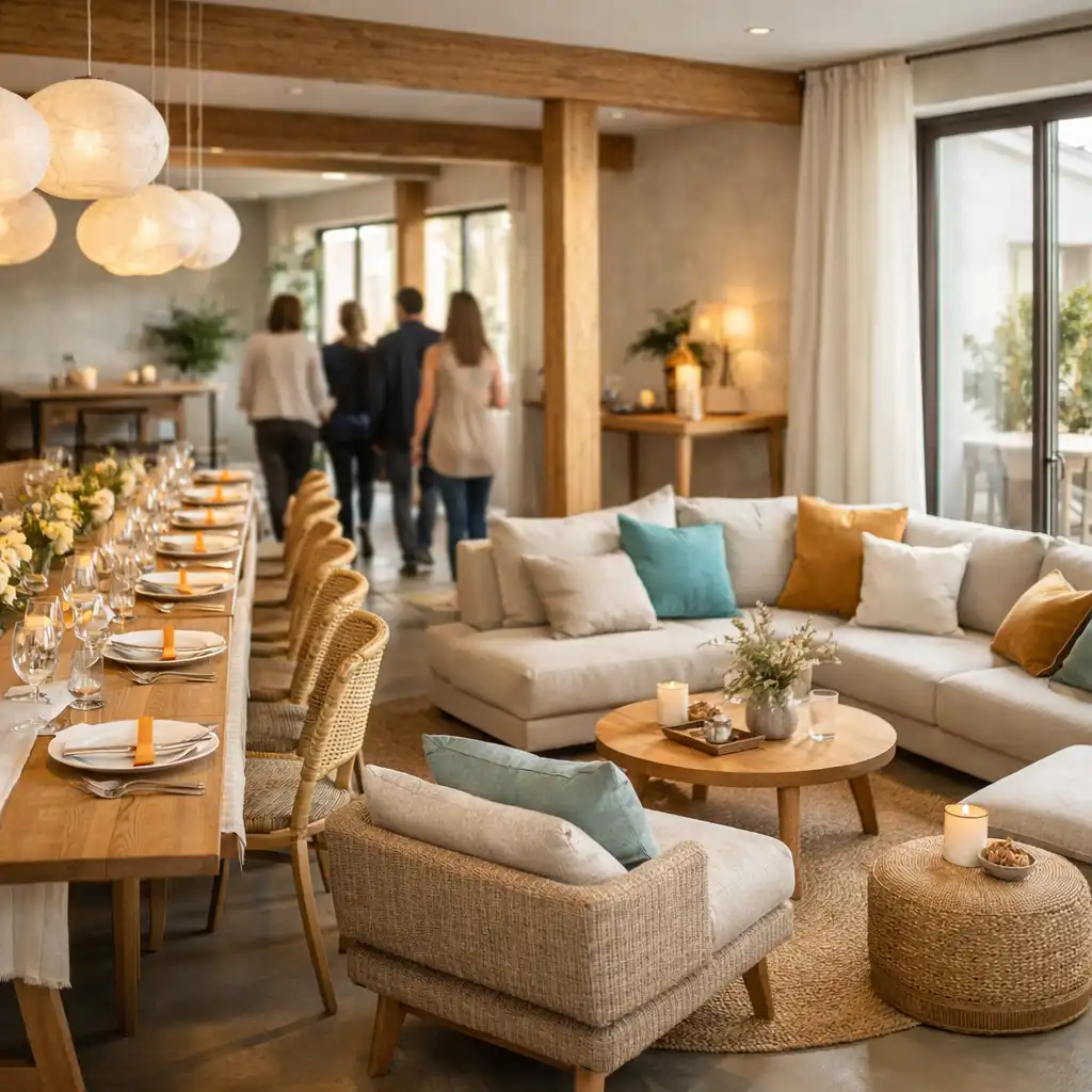 Helle vorbereitete Eventlocation mit langer Dining-Tafel und Lounge-Bereich